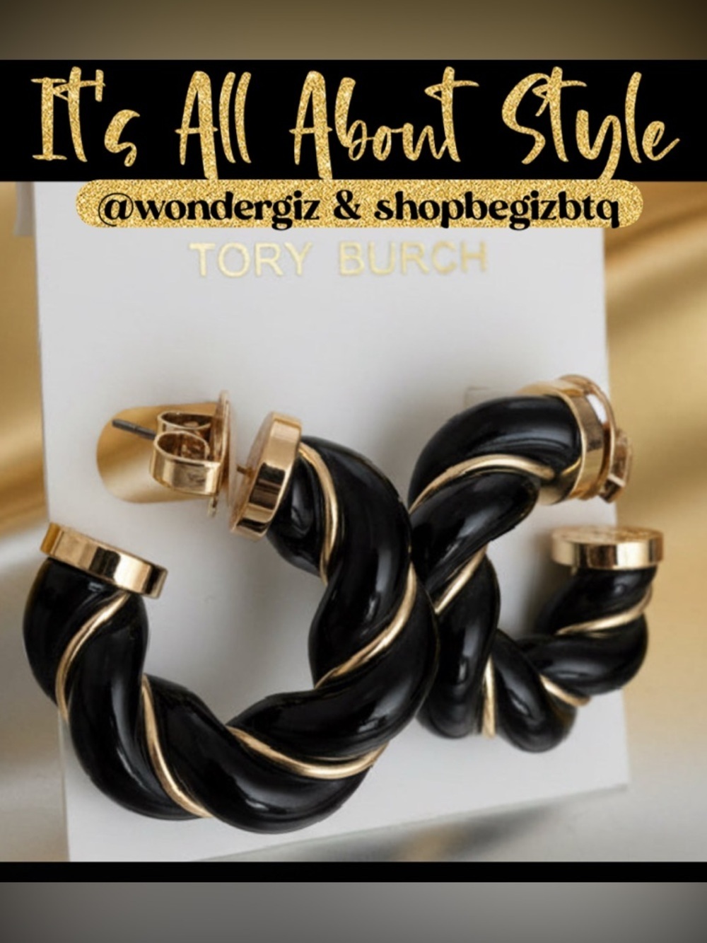 Authentic Tory Burch Black and Gold Textured Rope Hoop Earrings NWT - Picture 4 of 14